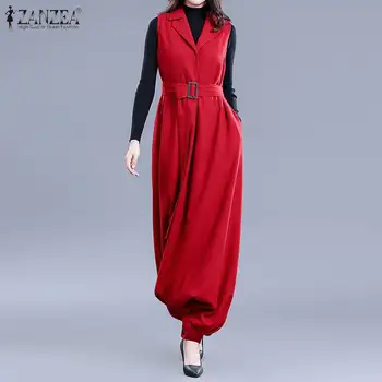 

ZANZEA Elegant Women Lapel Neck Sleeveless Jumpsuits Casual Drop Crotch Rompers Summer Solid Overalls Loose OL Playsuits Pants