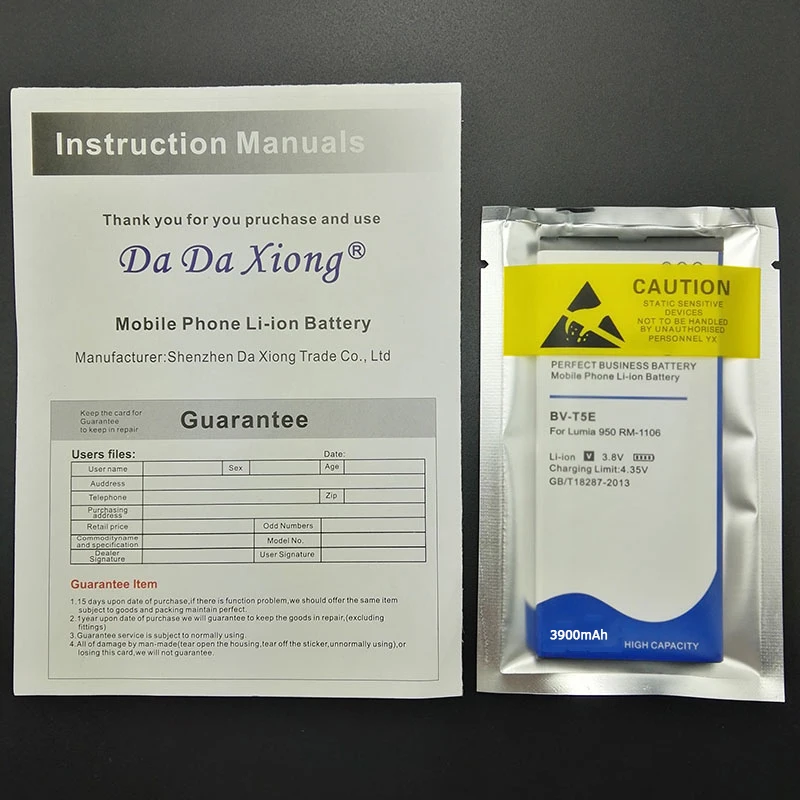 Da Xiong 3900mAh BV-T5E BVT5E литий-ионный аккумулятор для телефона Nokia Lumia 950 RM-1106 RM-1104 RM-110