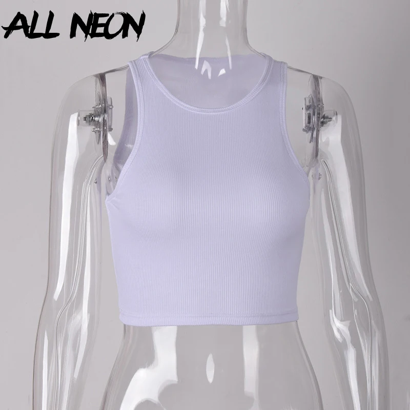 ALLNeon белый однотонный облегающий кроп топ женские повседневные топы футболка без