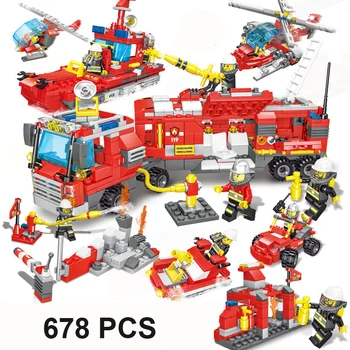 

678pcs Fire Fighting Trucks Building Blocks City engine helicopter compatible model bricks kit Toys For Children gift