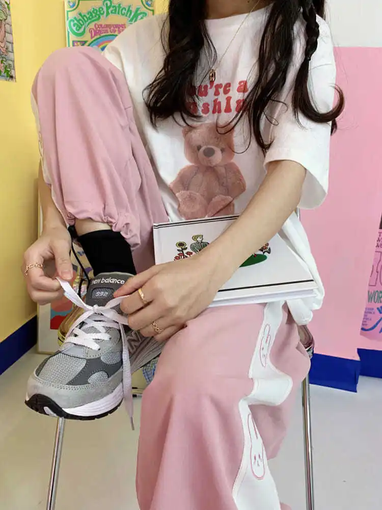 2022 New Y2k Kawaii Joggers Soft Girl Clothes Women's Sports Pants Harajuku Pink Wide Trousers Female Oversize Sweatpants Korean versace jeans couture