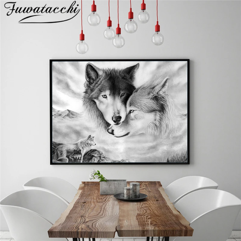 

Fuwatacchi Oil Painting Wolf Couples Wall Art Posters Prints Canvas Spray Printings Pictures for Living Room Bedroom Home Decor