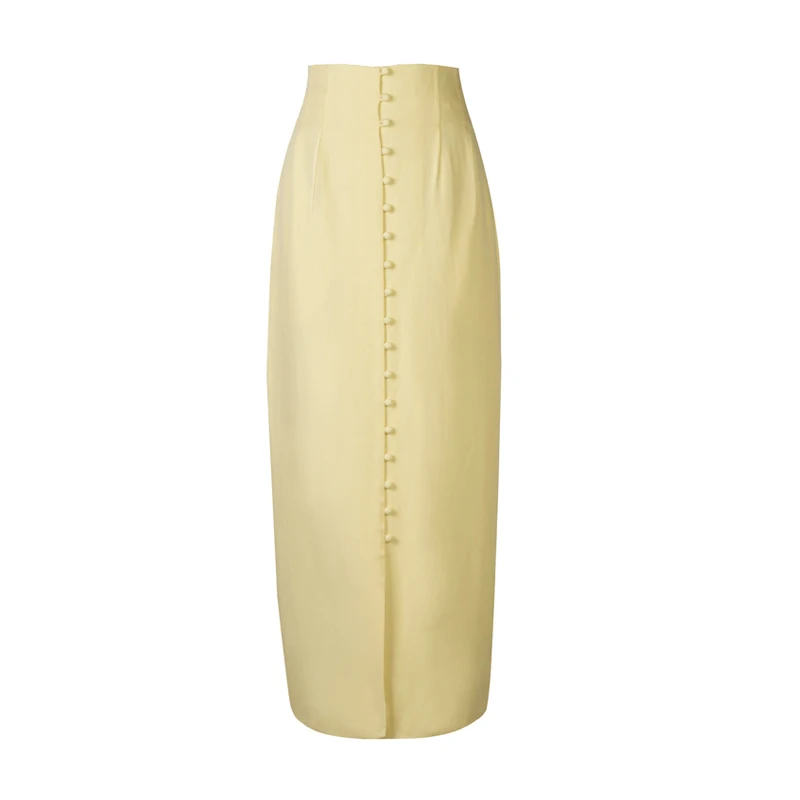 AEL летние Для женщин высокая посадка на пуговице обтягивающая юбка-макси желтый длинные юбки встречная складка Костюмы Jupe Femme