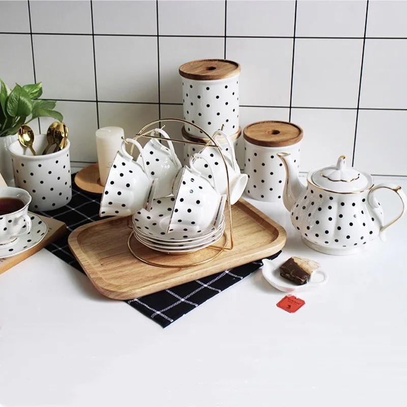 

Nordic Phnom Penh Dot Vertical Line Ceramic Coffee Tea Set Restaurant Household Bone China Coffee Pot Cup Holder Flower Tea