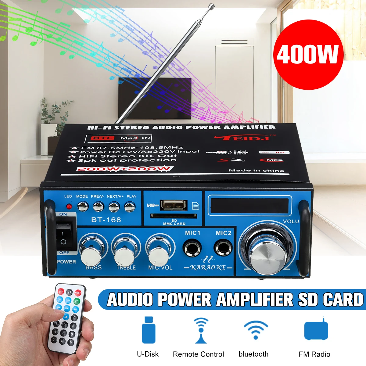 

400W 12/220V 2CH Mini HIFI bluetooth Home Theater Amplifier Car Audio Amplifier LCD Display AMP FM Stereo With Remote Control