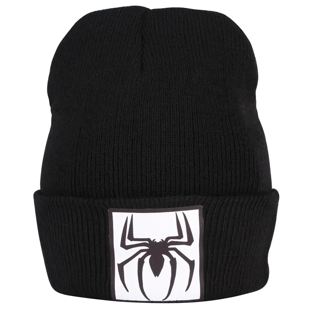 Мужские черные шапки Человек-паук шапочки Skullies Bonnet зимняя шапка для девочек холодная короткая шапка с помпоном меховая шапочка с черепом теплая вязаная шапка