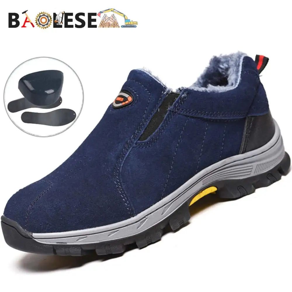 

BAOLESEM Winter Work Safety Shoes Puncture Proof Boots Comfortable Boots Leather Industrial Shoes for Men Fur Safety Boots