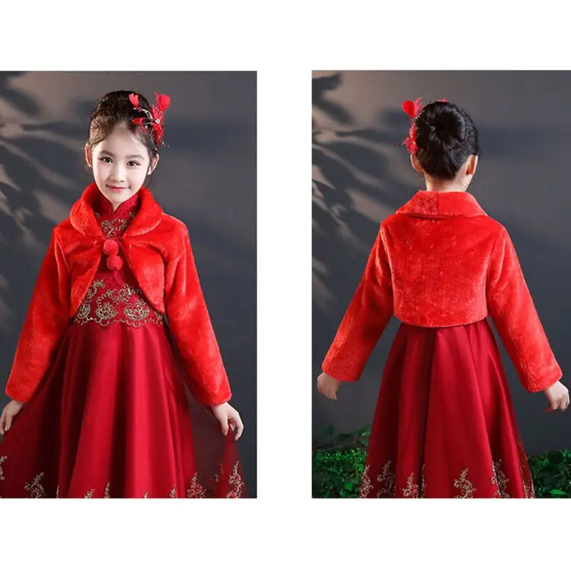 Kids Princess Thicken Plush Wraps Shawl Flower Girls Long Sleeve Bolero Shrug Cape Wedding Birthday Party Jacket with Pompom Tie