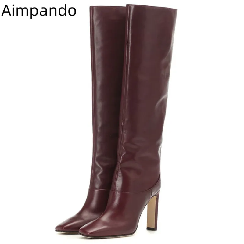 

Fashion Boots Women Elegant Square Toe Slim Knee High Slip On Bottes Concise Solid Chunky Square High Heel 2020 Boots Woman 43