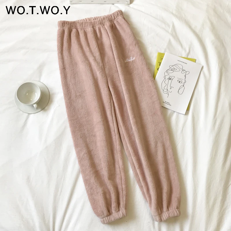 2019 Colorful Winter Pencil Pants Women Loose Thick Warm Elastic Waist Trousers Female Indoor White Red Velvet Harajuku