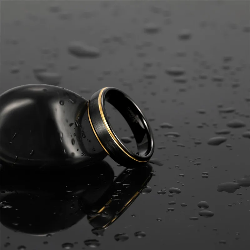 Tigrade Men Brushed Tungsten Black Ring With Gold Color Edge 6/8mm Unisex Women Men Wedding Band for Couple Name Date Engraving 3