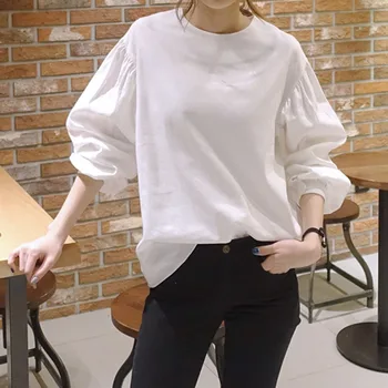 

Minimalist Japanese Women Blouse New Spring Autumn White Tops Round Neck Bubble Lantern Sleeve Casual Loose Office Lady Shirt