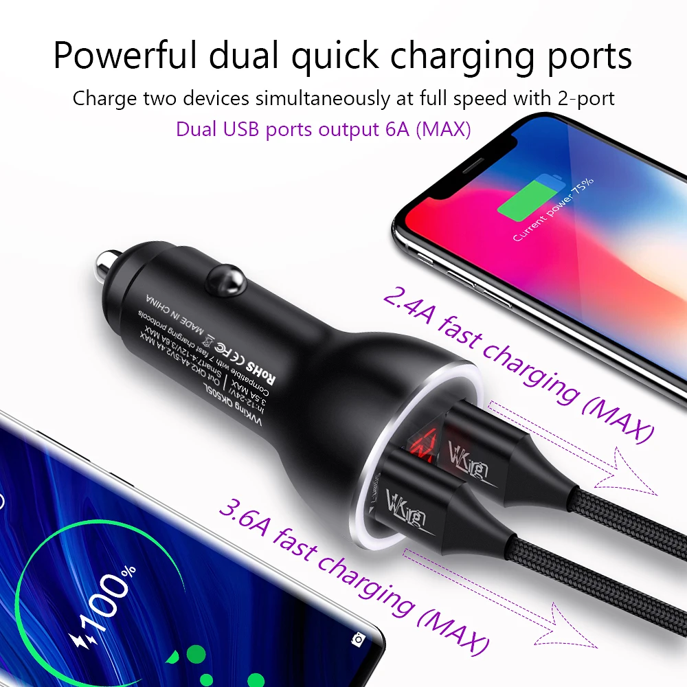 VVKing Быстрая зарядка 3,0 двойной зарядное устройство USB для iphone samsung Xiaomi huawei Supercharge SCP QC3.0 30 Вт Быстрое Автомобильное зарядное устройство для телефона