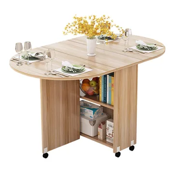 Mesa de comedor plegable con ruedas multidireccionales, Mesa de cocina de madera, armario de almacenamiento, Mesa Centro Elevable portátil