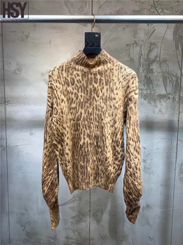 【HSY】 осень зима ретро женский сеялка Леопардовый принт трехмерный фонарь рукав водолазка пуловер из мохера Knitti