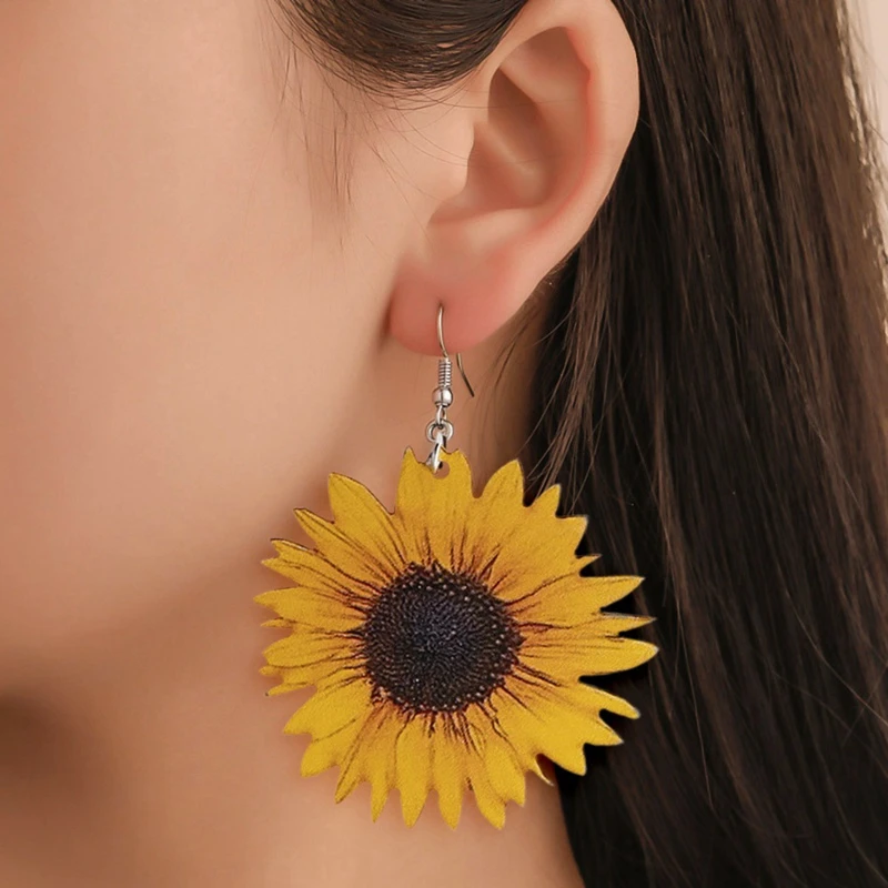 Pendientes de madera con forma de girasol para mujer, aretes con diseño de grandes amarillas girasoles, joyería de tendencia, regalos para mejor amiga, 2021|Aretes| - AliExpress