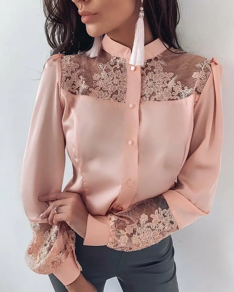 Высококачественная сетчатая блузка на пуговицах с рукавами-фонариками и вышивкой