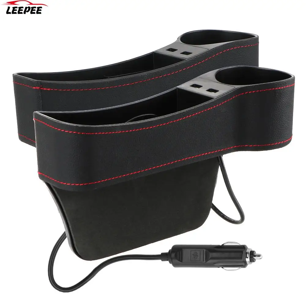 Seat Gap Slit Box Phone Bottle Cups Holder Box Car Accessories Car Organizer Leather Car Seat Gap Storage Box Dual USB Charger