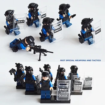 

6PCS Riot Police City Swat Team Action Figures With Weapon Guns Sets Military Building Blocks Educational Toys Gift