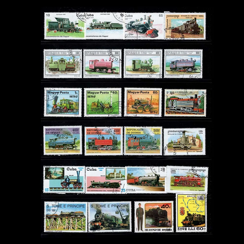 No Repeation Topic Steam Train Usused Postage Stamps With Post Mark For Collection 50 PCS postage stamps stickers
