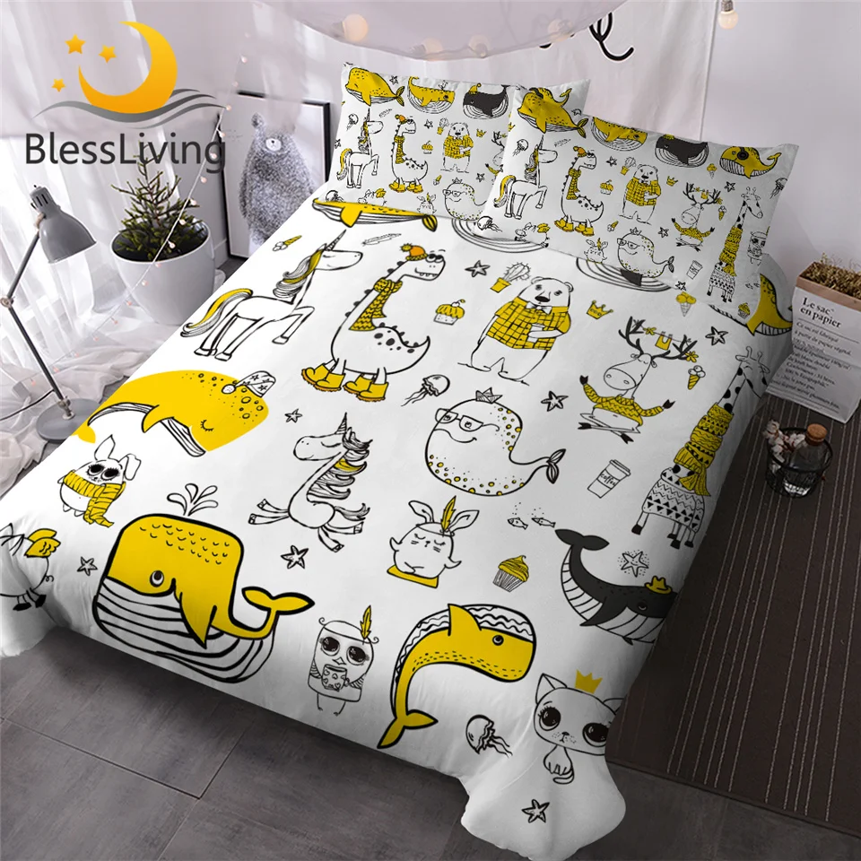 

BlessLiving Kids Cartoon Bedding Set Hipster Doodle Animal Duvet Cover Cat Dog Dachshund Home Textiles Yellow Whale Bedspreads