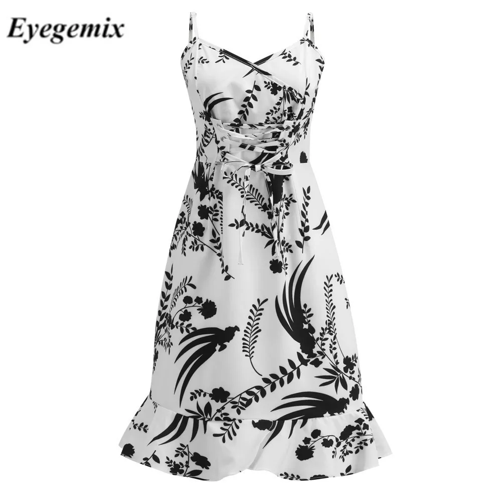 Sexy Spaghetti Strap Beach Midi Dress Robe 2020 Vintage Floral Print A-line Mermaid Red White Black Ruffle Holiday Vestido | Женская