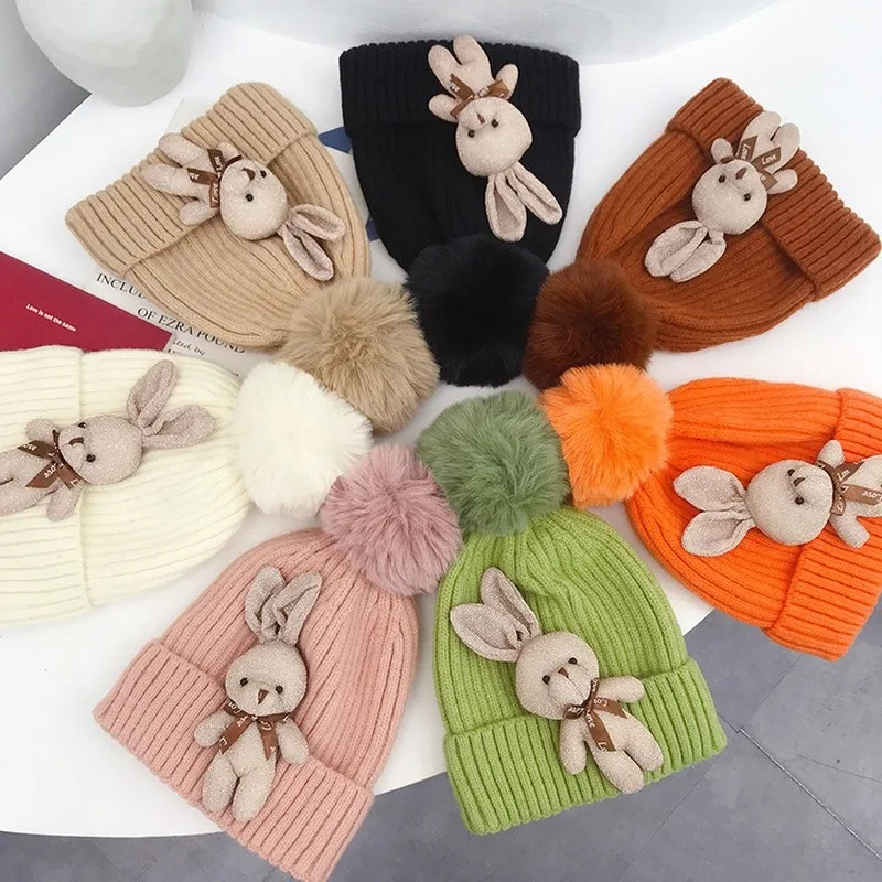 

Cartoon Wool Cap Women Wool Ball Knit Cap Autumn and Winter Warm Hat Bonnets for Women Beanie Winter Hats