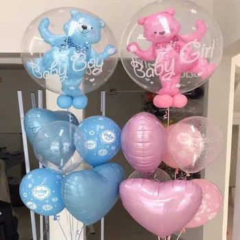 

1pcs 24inch baby boy girl blue pink bubble bear Clear foil balloon birthday 1 year old baby bath decorations children Toys ball