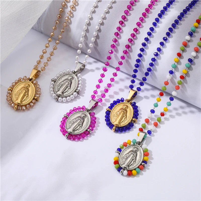 HECHENG Pearl Christ Cross Pendant Necklace Multi Stone Bead Stainless steel Virgiin Mary Jewelry Wholesale | Украшения и