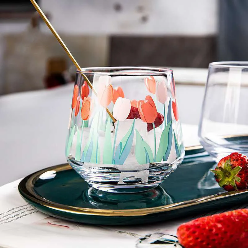

Glass Cup Beer Espresso Coffee Cup Set Drinking Glasses Printing color Round Drinkware Glassware for drinking cute glass cup
