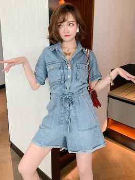 

Fashion Tooling Elegant Lapel Denim Loose Wide Leg Drawstring Lace-up Jumpsuit Women's Fashion Summer New Style