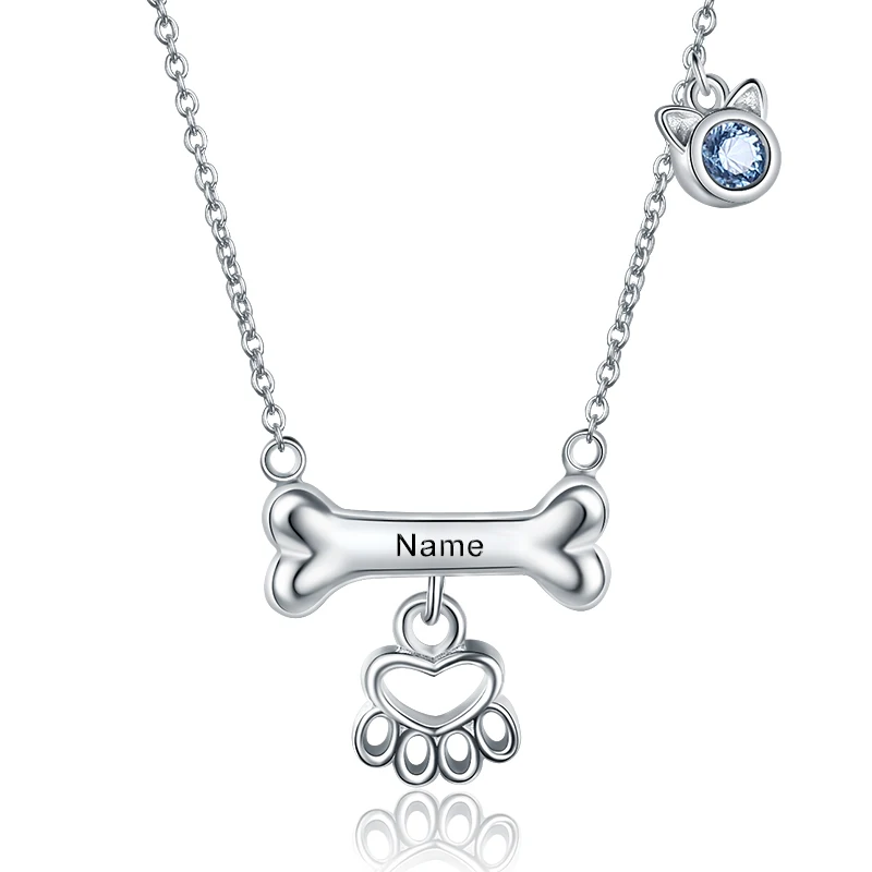 

XiaoJing925 Sterling Silver Custom dog bone paw Pendant Necklace Engraved Name and BirthStone Fashion Jewelry for Gift free ship