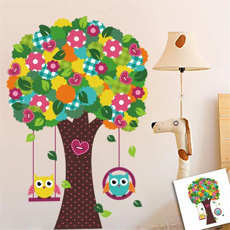 

Lovely Owlets Swinging Tree Wall Sticker For Kindergarten Kids Room Home Decoration Nursery Cartoon Animal Mural Art Diy Decal