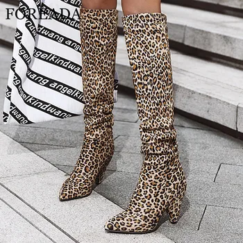 

FOREADA Leopard Extreme High Heel Woman Boots Over The Knee Boots Spike Heel Long Boots Pointed Toe Lady Shoes Autumn Winter 46