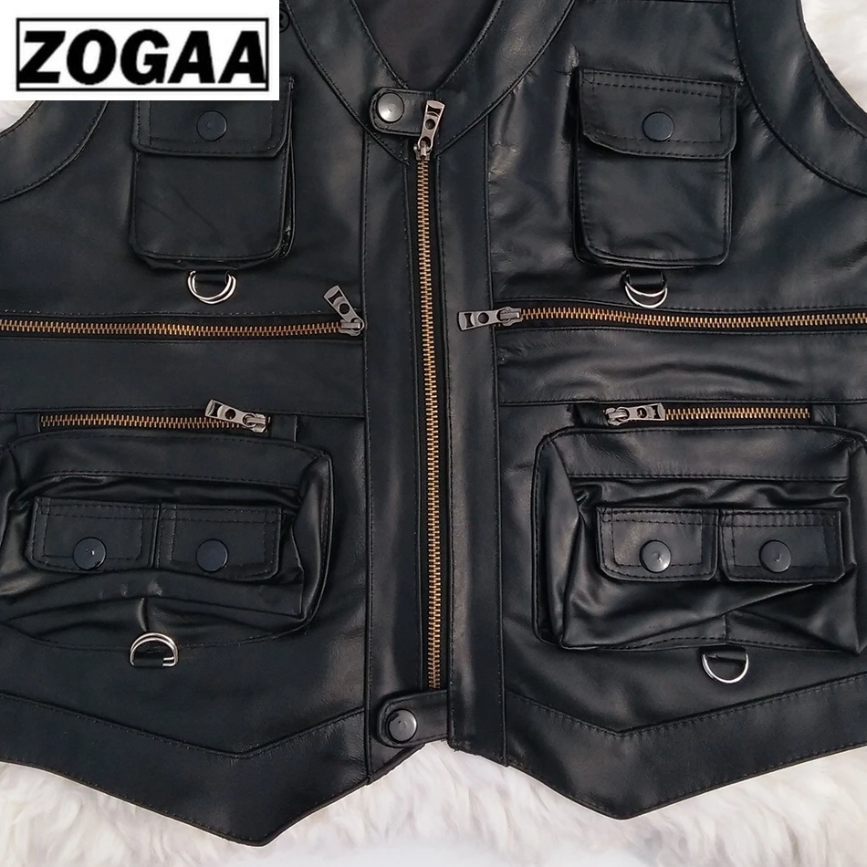 Multi Pocket Vest Men Black Photography Vests Genuine Leather Motorcycle Biker Waistcoat Male Autumn Sleeveless Jacket For Men