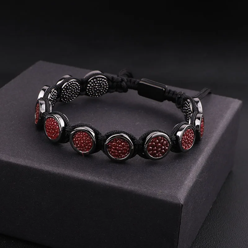 High Quality Red Fish Skin Leather Round Charm Braided Friendship Macrame Adjustable Bracelet Men