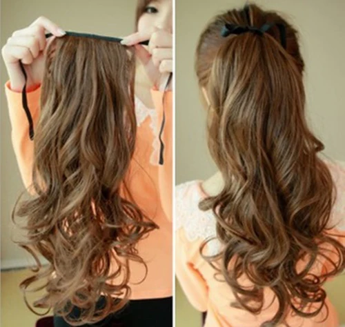 Long Wavy Synthetic Ribbon Drawstring Ponytails Pure Mixed Gradient Color Hairpiece Pony Tail Extension