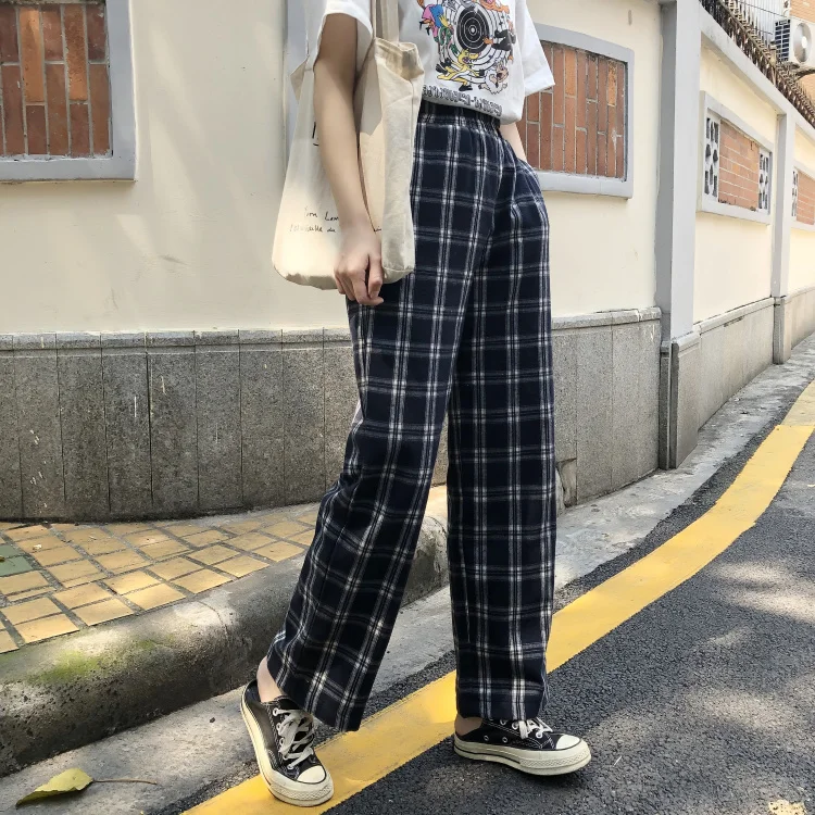 Neploe High Waist Hip Plaid Trouser Elastic Waist Loose Straight Pantalones Autumn Spring Streetwear Casual Pants New 48221