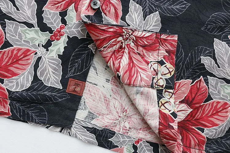 Silk Ethnic Shirts Men Short Sleeve Print Shirt Hawaiian Beach Casual Black Floral Loose Casual Big Size Summer Pocket
