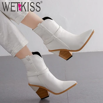 

WETKISS Pu Cowboy Boots Women Western Ankle Boot Female High Heels Wood Shoes Ladies Pointed Toe Shoes Women Winter 2020 New
