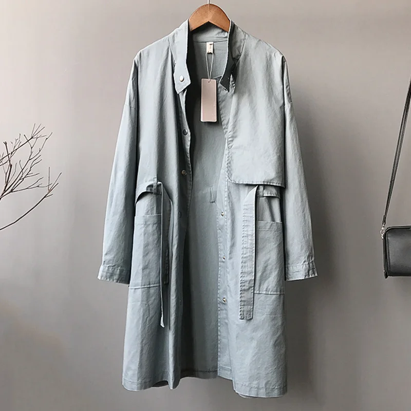 Новинка, повседневное пальто для женщин, тонкая Женская Длинная ветровка с поясом, офисное дизайнерское осеннее пальто, топы с длинным рукавом - Цвет: Gray Blue