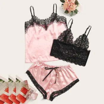 

3PC Sexy Lingerie Women Satin Lace Bowknot Silk Camisole Shorts Set Sleepwear Pajamas Lingerie Sexy Pyjamas night dress пижама