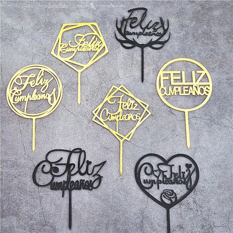 Acrylic Spanish Language Happy Birthday Cake Topper Golden Black Birthday Party Cake Toppers For baby Shower Dessert Decorations party decorations birthday party supplies cake topper cake decorations cake toppers gold leaf cake decorations