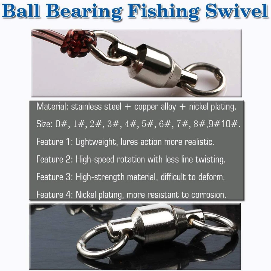 Black Fishing Ball Bearing Swivel Solid Rings Stainless 0/1/2/3/4/5/6/7/8/9/10# 