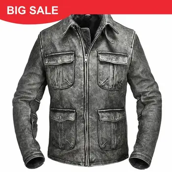 

2020 Vintage Grey Men M65 Leather Jacket Four Pockets Large Szie XXXL Genine Thick Cowhide Autumn Slim Fit Safari Leather Coat