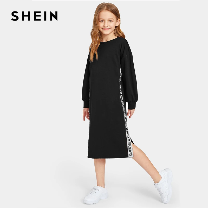 Goede SHEIN Kiddie Effen Contrast Brief Tape Detail Split Toevallige Sweater Jurk 2019 Lente Lange Mouw Meisjes Straight Jurken