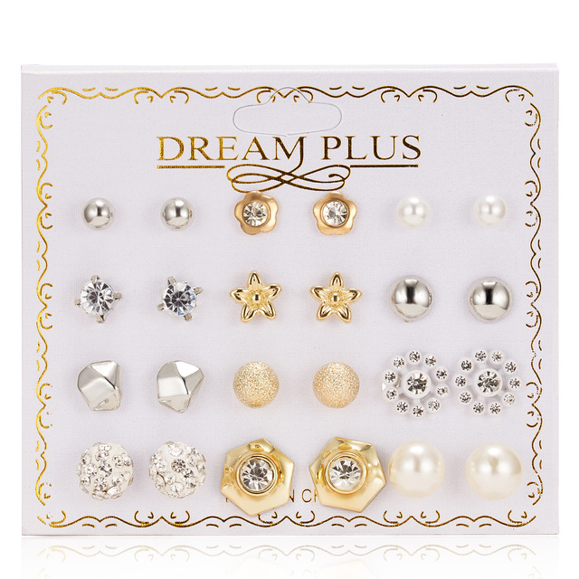 Pairs Stud Earrings Set for Women Statement Heart Star Snowflake Flower Crystal Pearl One Week Minimalist Set of Earrings Gift