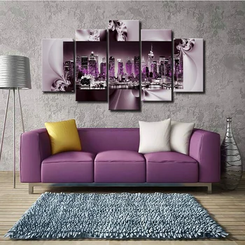 

5 Piece Poster New York City Night Scenes Red Light Canvas Wall Art Abstract Print Painting Cityscape Artwork Home Decoration