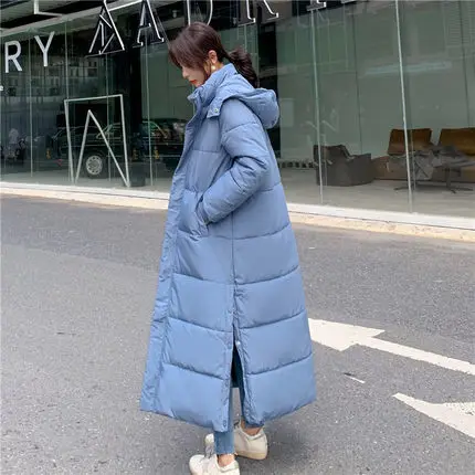 Высококачественная Женская парка с капюшоном, зимняя куртка для женщин, модное длинное пальто, плотное теплое хлопковое Стеганое пальто, Свободное пальто большого размера - Цвет: Blue