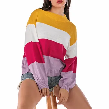 

Women's sweater Winter Women Autumn Winter Knit Sweater Long Sleeve Color Matching O-Collar Sweater Y1.10